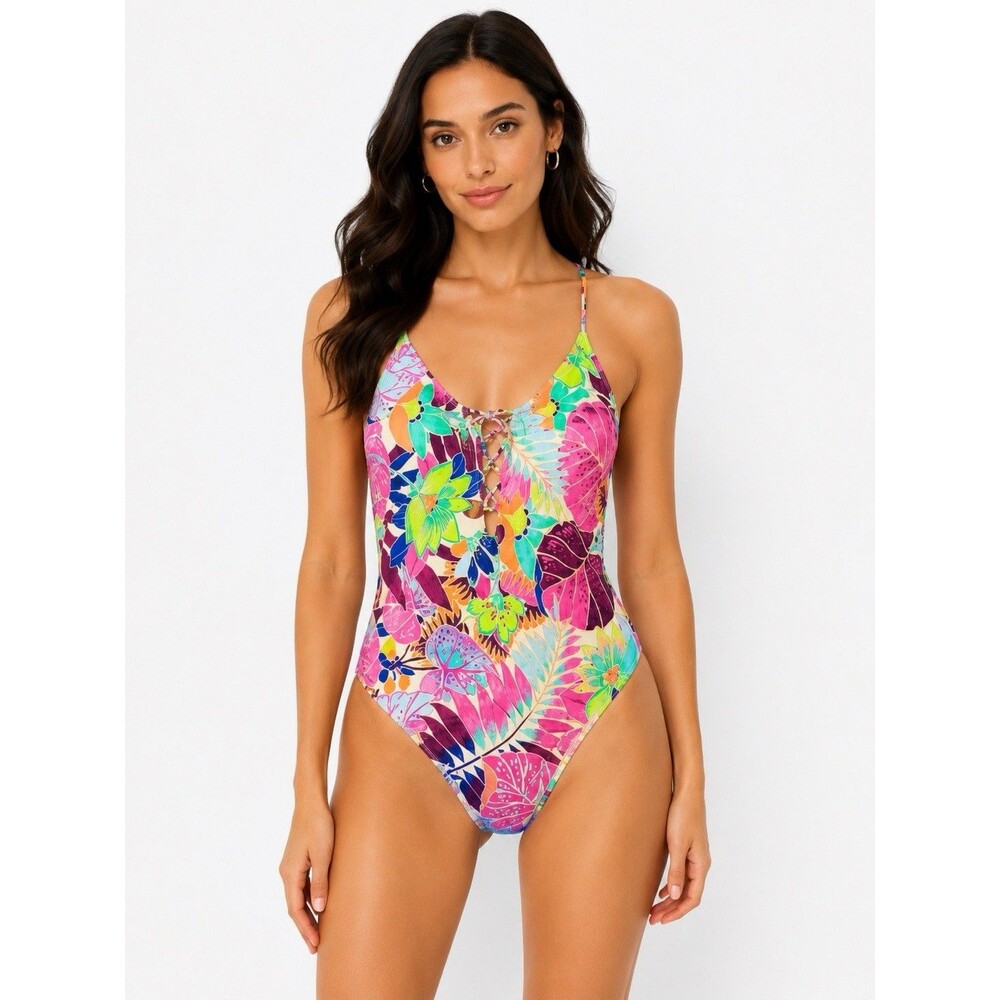 Hobie Tropical Floral One Piece Swimsuit Women’s Large Lace Up Open Back